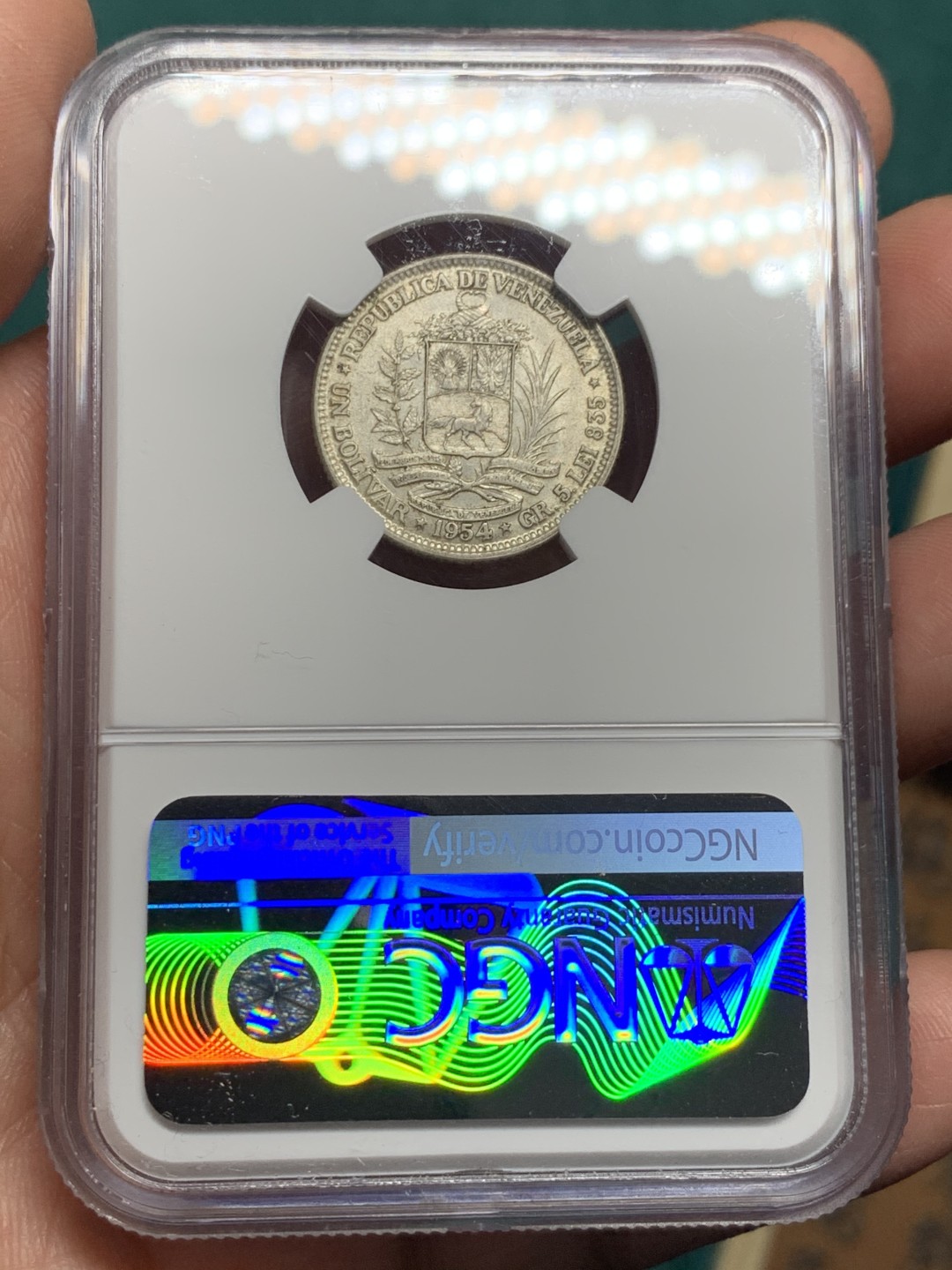 《竞宝斋》第147场-周日，周一 2场 (全场包邮) NGC-MS63 委内瑞拉1954年 1玻利瓦尔银币 原光好品