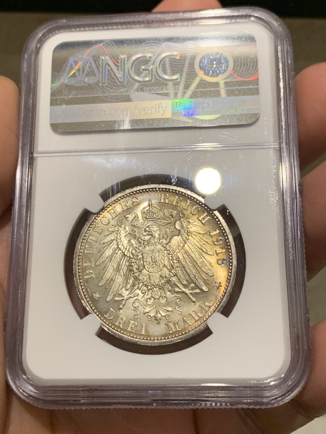 《竞宝斋》第147场-周日，周一 2场 (全场包邮) NGC-MS62 德国 1913年 3马克 银币 普鲁士 威廉二世军装版银币 金色包浆