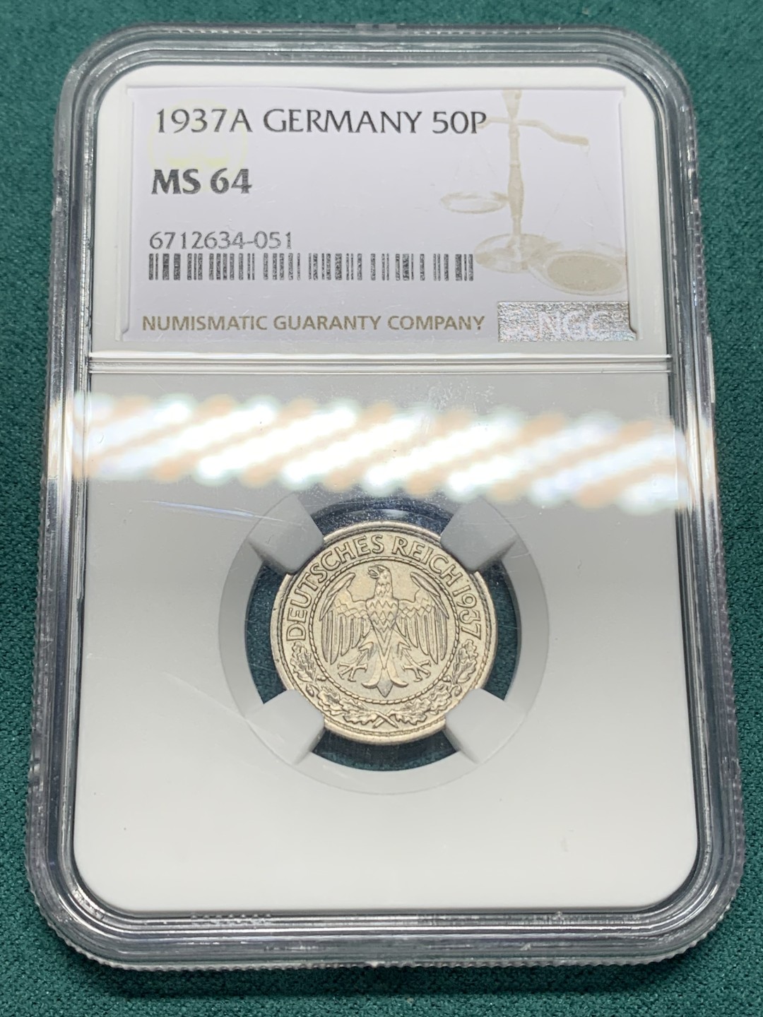 《竞宝斋》第147场-周日，周一 2场 (全场包邮) NGC-MS64 魏玛德国1937年50芬尼镍币，与坦克币等值流通