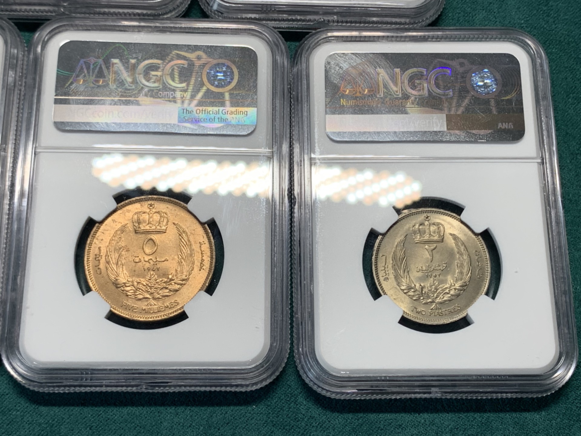 《竞宝斋》第147场-周日，周一 2场 (全场包邮) NGC MS64/65/65/64/64利比亚1952年伊德里斯一世清年版这个分数不用再换了可以压箱底了铜币铜光饱满镍币车轮光明显凑齐一套不容易