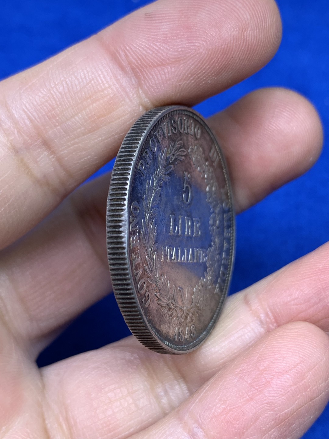 《竞宝斋》第147场-周日，周一 2场 (全场包邮) 意大利伦巴第临时政府1848年5里拉银币 好品五彩包浆