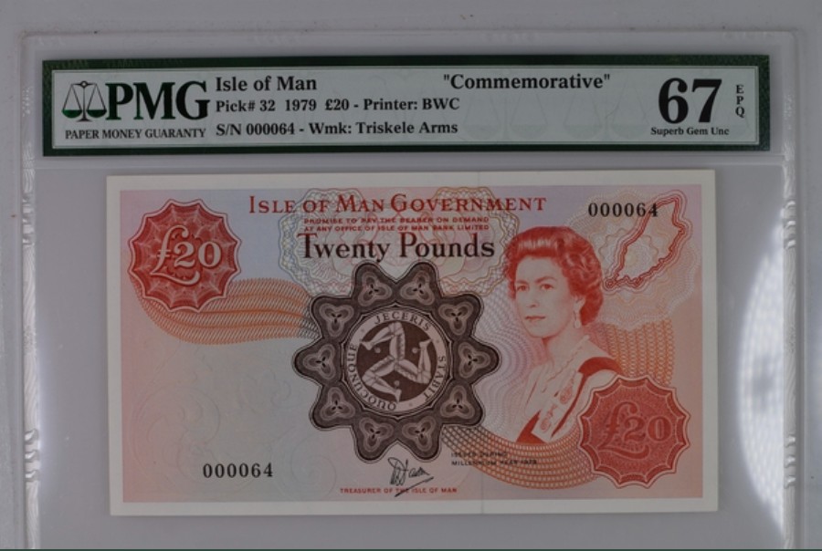 收藏联盟Quantum Auction 第244期拍卖  马恩岛1979年20镑纪念钞 PMG67 十位数号 世界最大的在用水车 拉克斯水车
