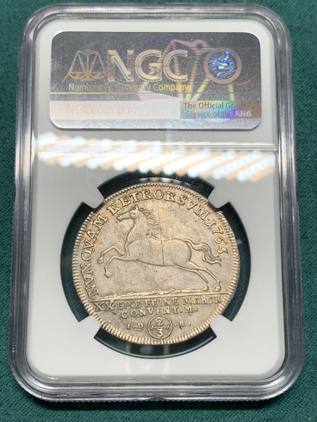 《竞宝斋》第147场-周日，周一 2场 (全场包邮) NGC-AU55第三名 德国布伦瑞克1765年奔马2/3泰勒银币