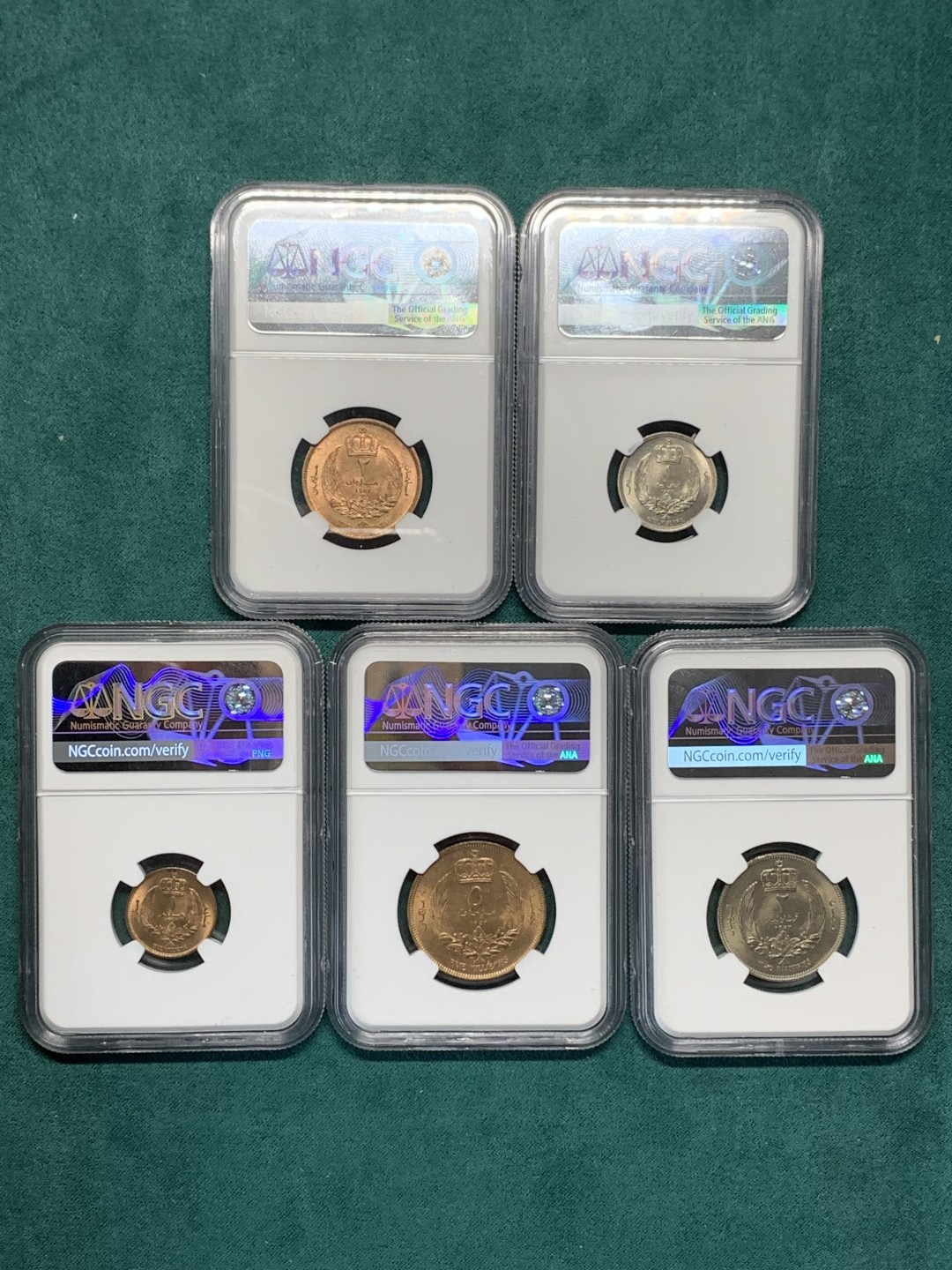 《竞宝斋》第147场-周日，周一 2场 (全场包邮) NGC MS64/65/65/64/64利比亚1952年伊德里斯一世清年版这个分数不用再换了可以压箱底了铜币铜光饱满镍币车轮光明显凑齐一套不容易