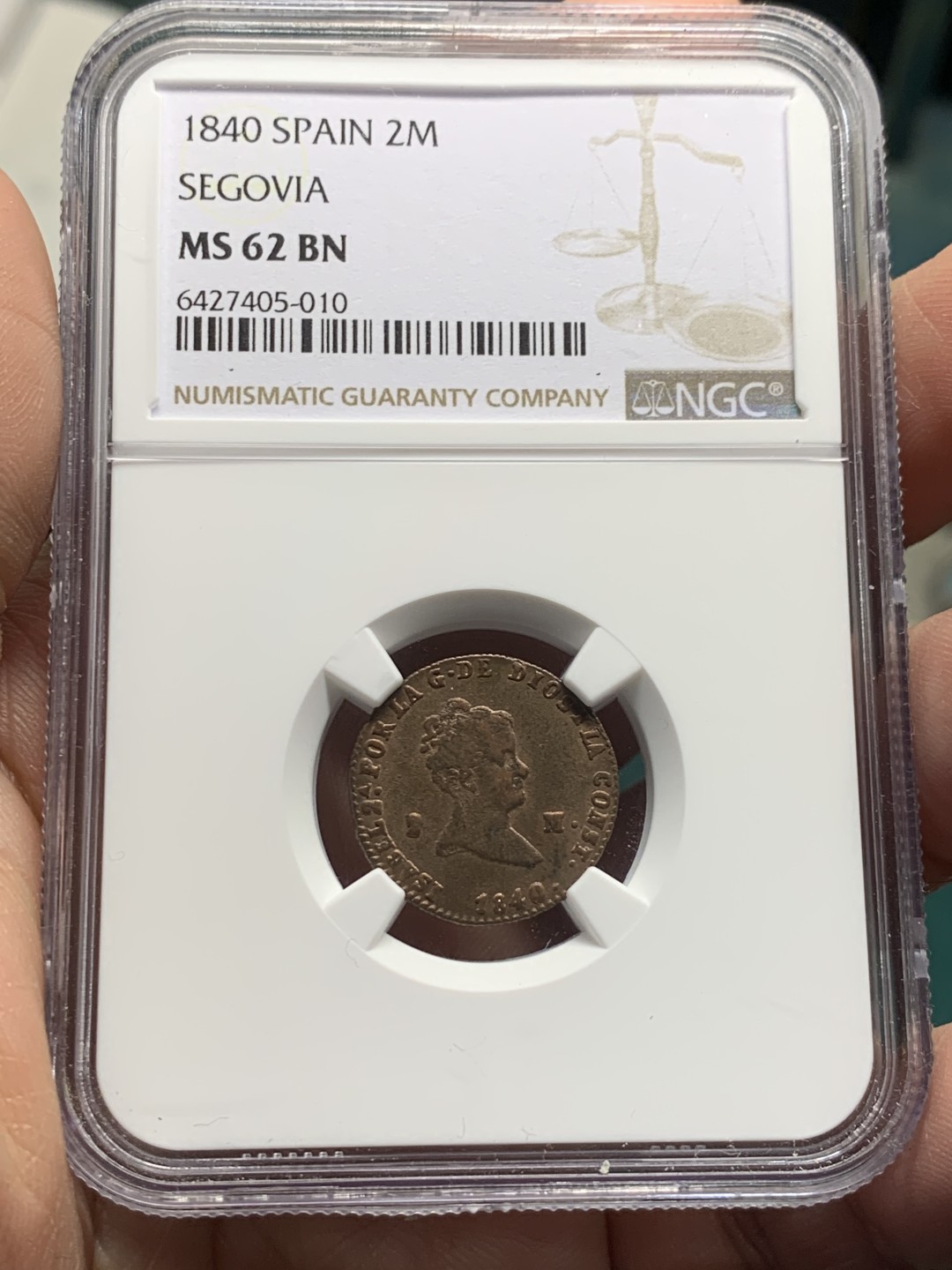 《竞宝斋》第147场-周日，周一 2场 (全场包邮) NGC-MS62 西班牙1840年 猪妹妹伊萨贝拉女王 2M铜币 塞戈维亚造币厂 非常少见的版式和厂名