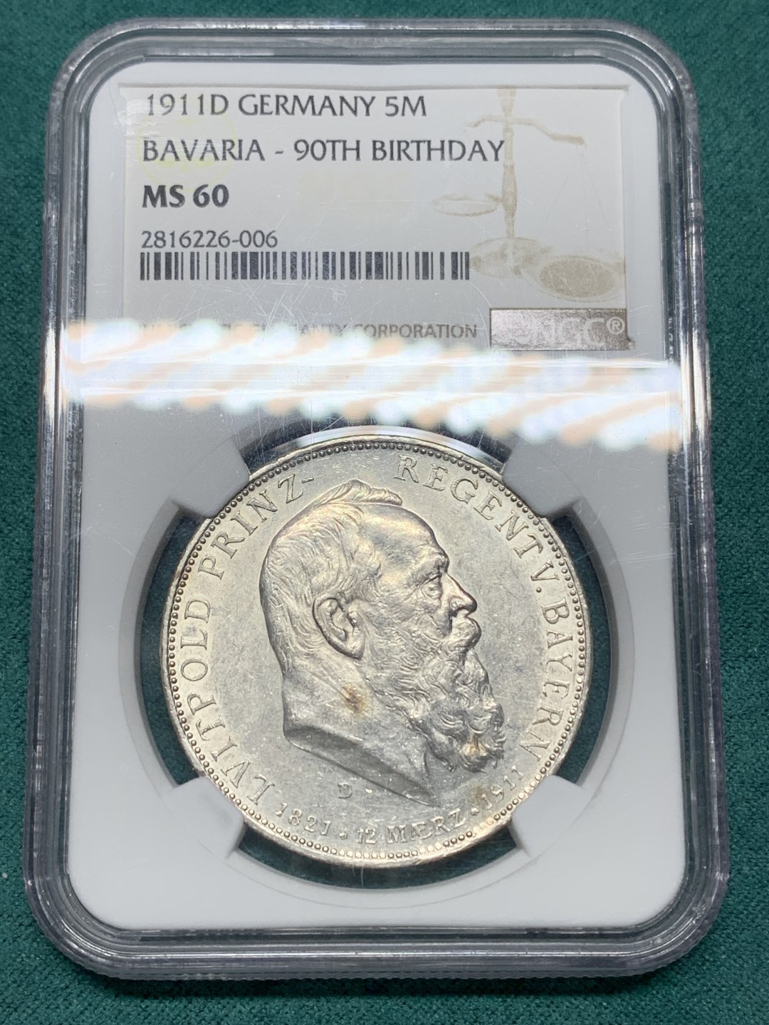 《竞宝斋》第147场-周日，周一 2场 (全场包邮) NGC-MS60 德国 1911年 5马克 银币 巴伐利亚 摄政王90大寿纪念大银币 少见分数