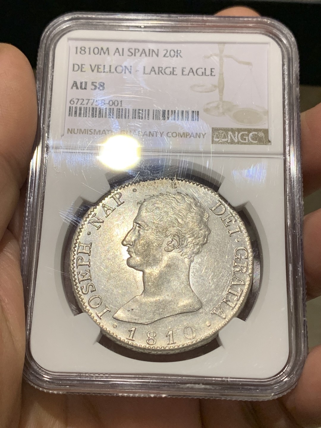 《竞宝斋》第147场-周日，周一 2场 (全场包邮) NGC AU58 1810年 法占西班牙 约瑟夫拿破仑20R银币，细节极佳 发丝清晰 光感十足 低评了