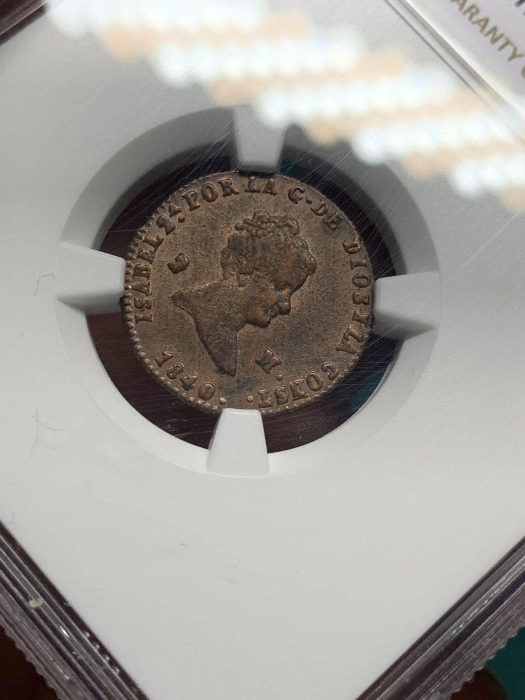 《竞宝斋》第147场-周日，周一 2场 (全场包邮) NGC-MS62 西班牙1840年 猪妹妹伊萨贝拉女王 2M铜币 塞戈维亚造币厂 非常少见的版式和厂名