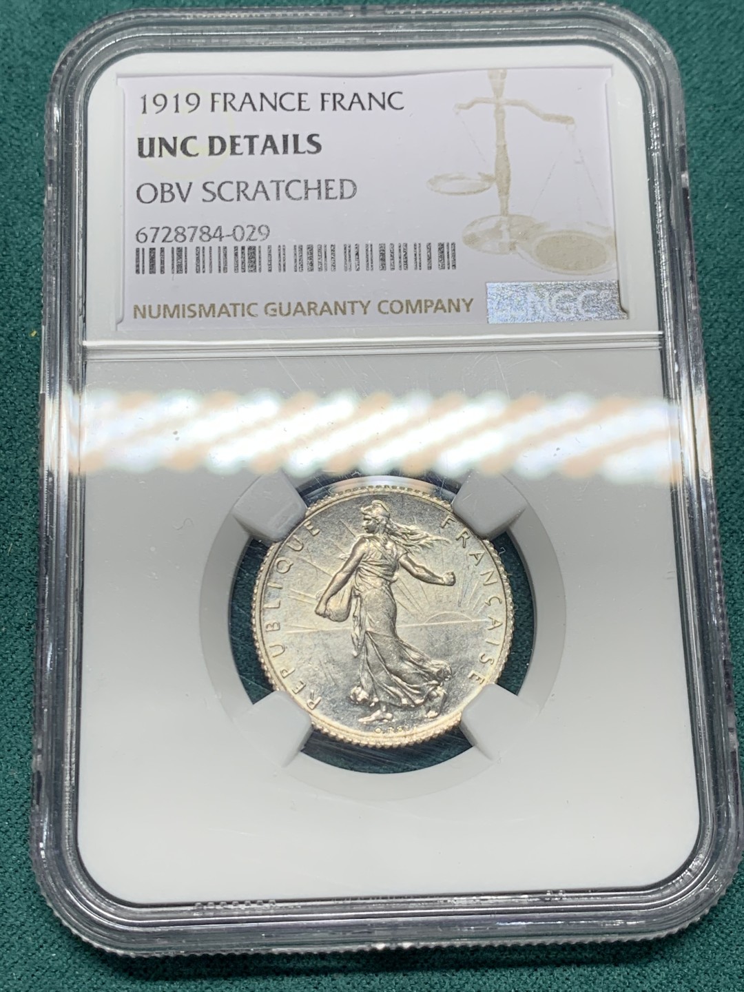 《竞宝斋》第147场-周日，周一 2场 (全场包邮) NGC-UNC 法国1919年 播种女神1法郎银币 原光好品