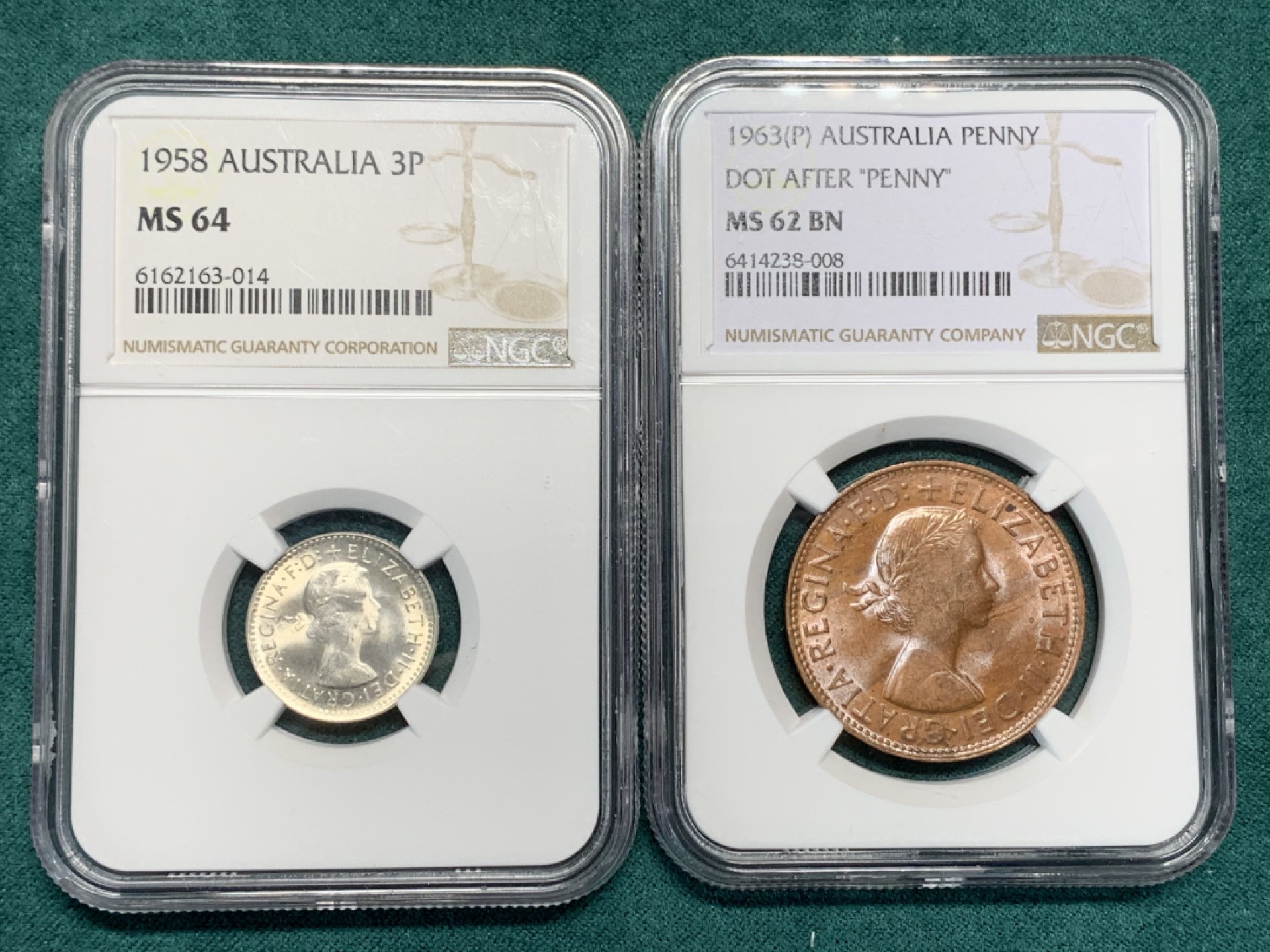 《竞宝斋》第147场-周日，周一 2场 (全场包邮) NGC-MS62BN/MS64 1963/1958 澳大利亚 伊丽莎白女王1便士/6便士铜/银币，2枚一组，女王初版头像，袋鼠大铜+高分银毫。6P标签错标为3P