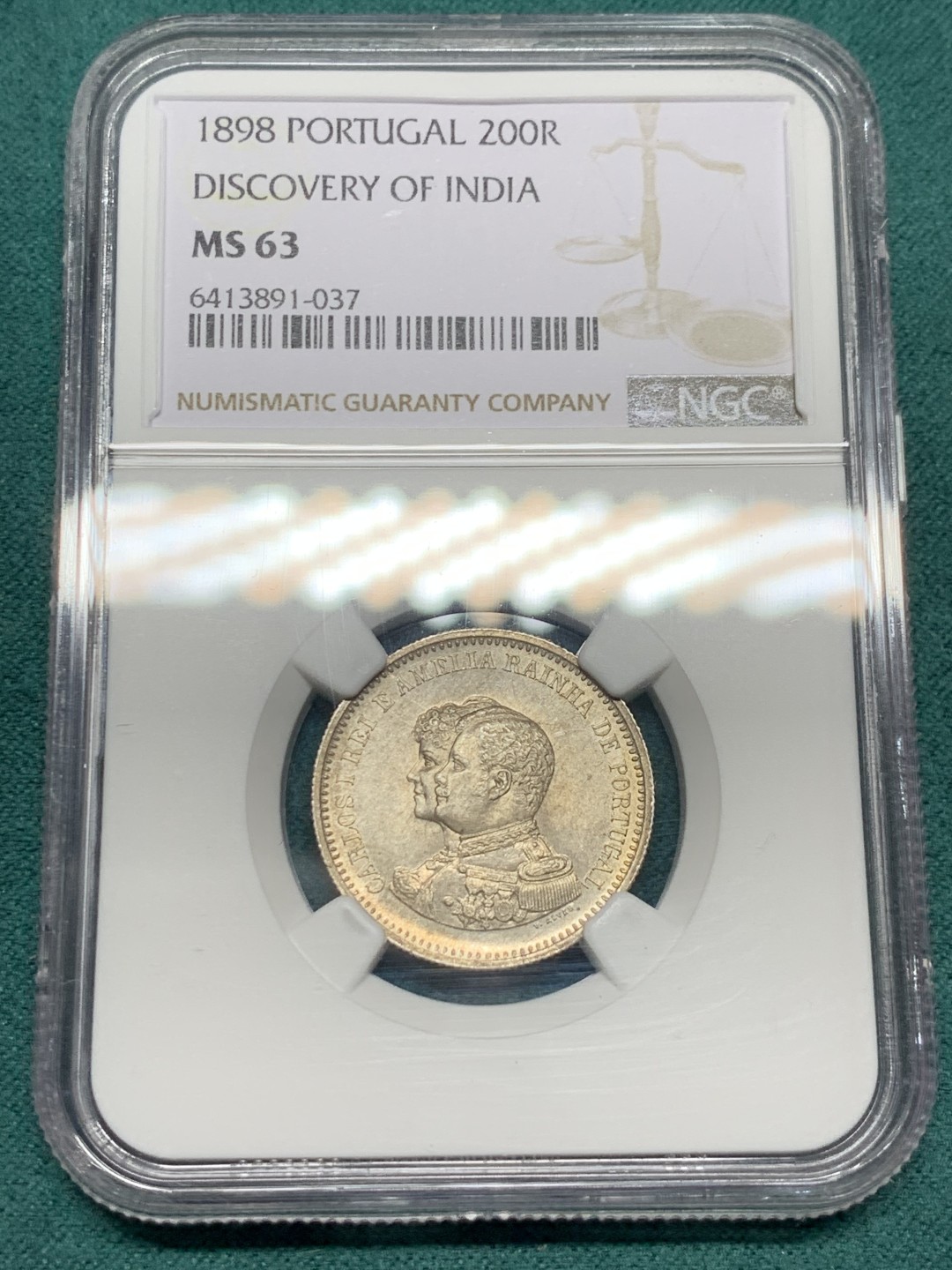 《竞宝斋》第147场-周日，周一 2场 (全场包邮) NGC-MS63 葡萄牙1898年 200R银币 顶级好品