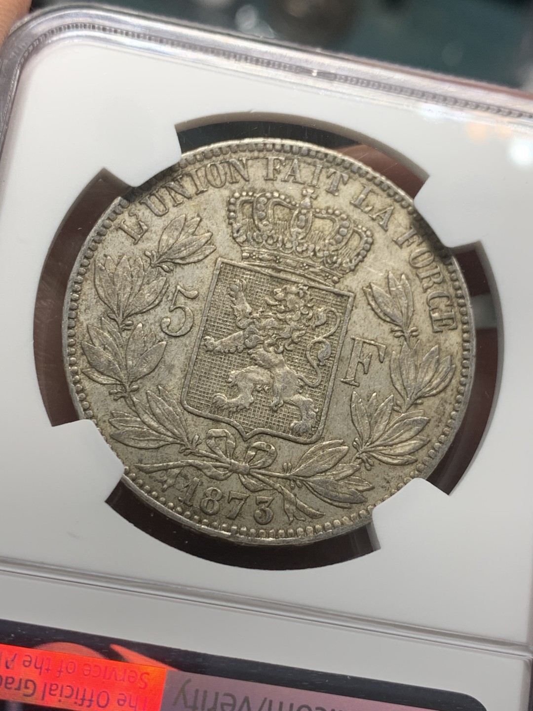 《竞宝斋》第147场-周日，周一 2场 (全场包邮) NGC AUD 比利时 1873年 利奥波德二世 5法郎银币 原味包浆 没有清洗痕迹