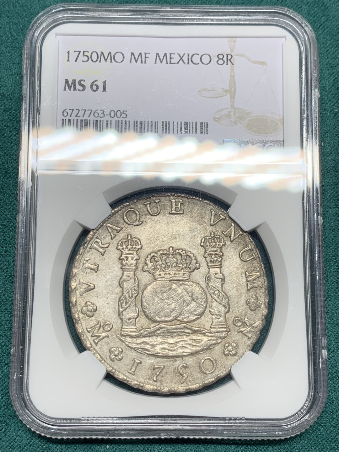 《竞宝斋》第147场-周日，周一 2场 (全场包邮) NGC-MS61 墨西哥 地球双柱 1750 8 里亚尔 原味高品 正反深打 不光分数够 状态也极好 比起1754的窖藏年份少很多