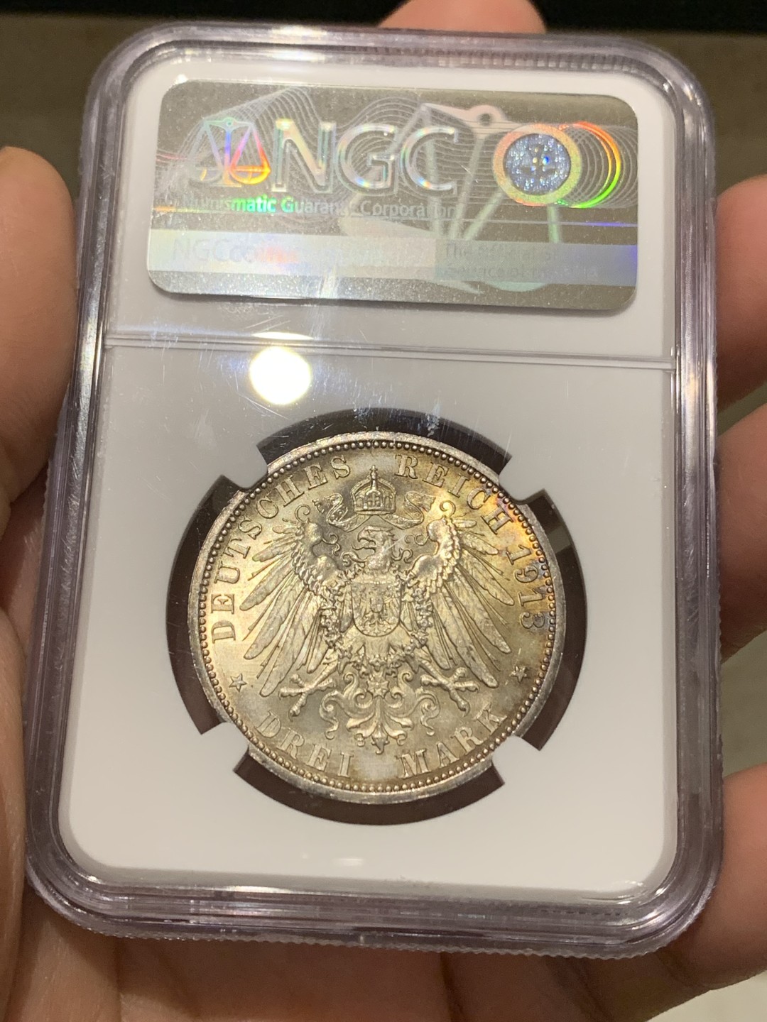 《竞宝斋》第147场-周日，周一 2场 (全场包邮) NGC-MS62 德国 1913年 3马克 银币 普鲁士 威廉二世军装版银币 金色包浆