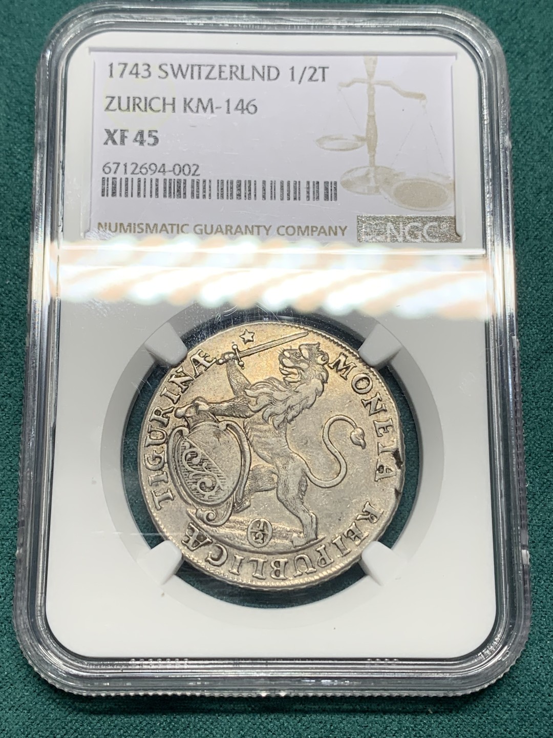 《竞宝斋》第147场-周日，周一 2场 (全场包邮) NGC-XF45 瑞士苏黎世1743年城市景观半泰勒银币