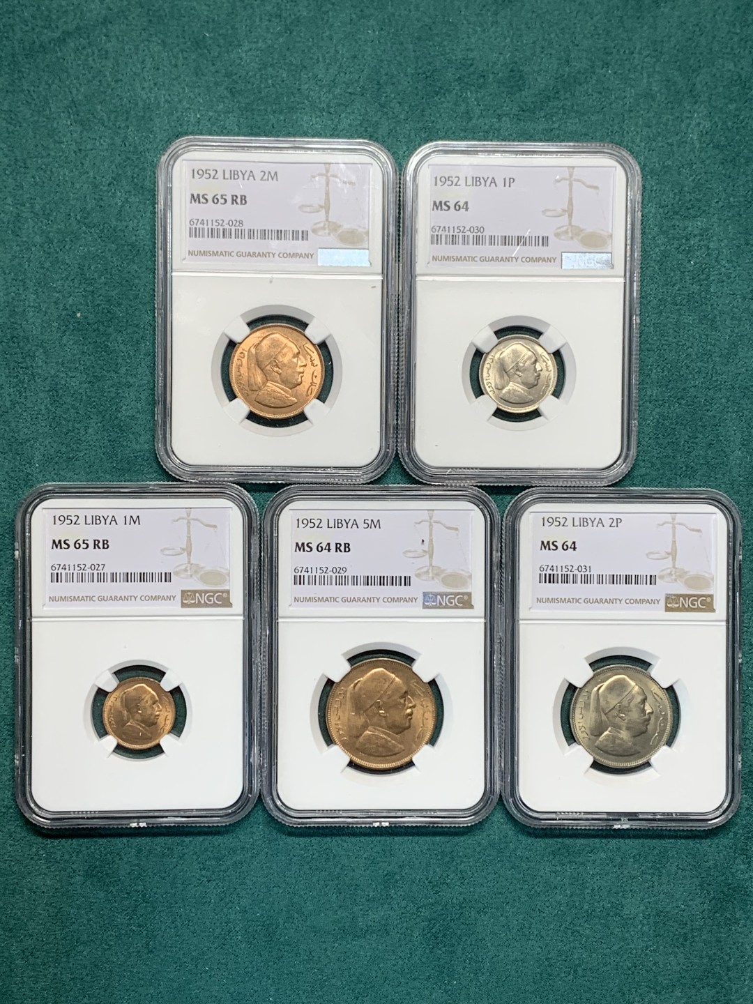 《竞宝斋》第147场-周日，周一 2场 (全场包邮) NGC MS64/65/65/64/64利比亚1952年伊德里斯一世清年版这个分数不用再换了可以压箱底了铜币铜光饱满镍币车轮光明显凑齐一套不容易