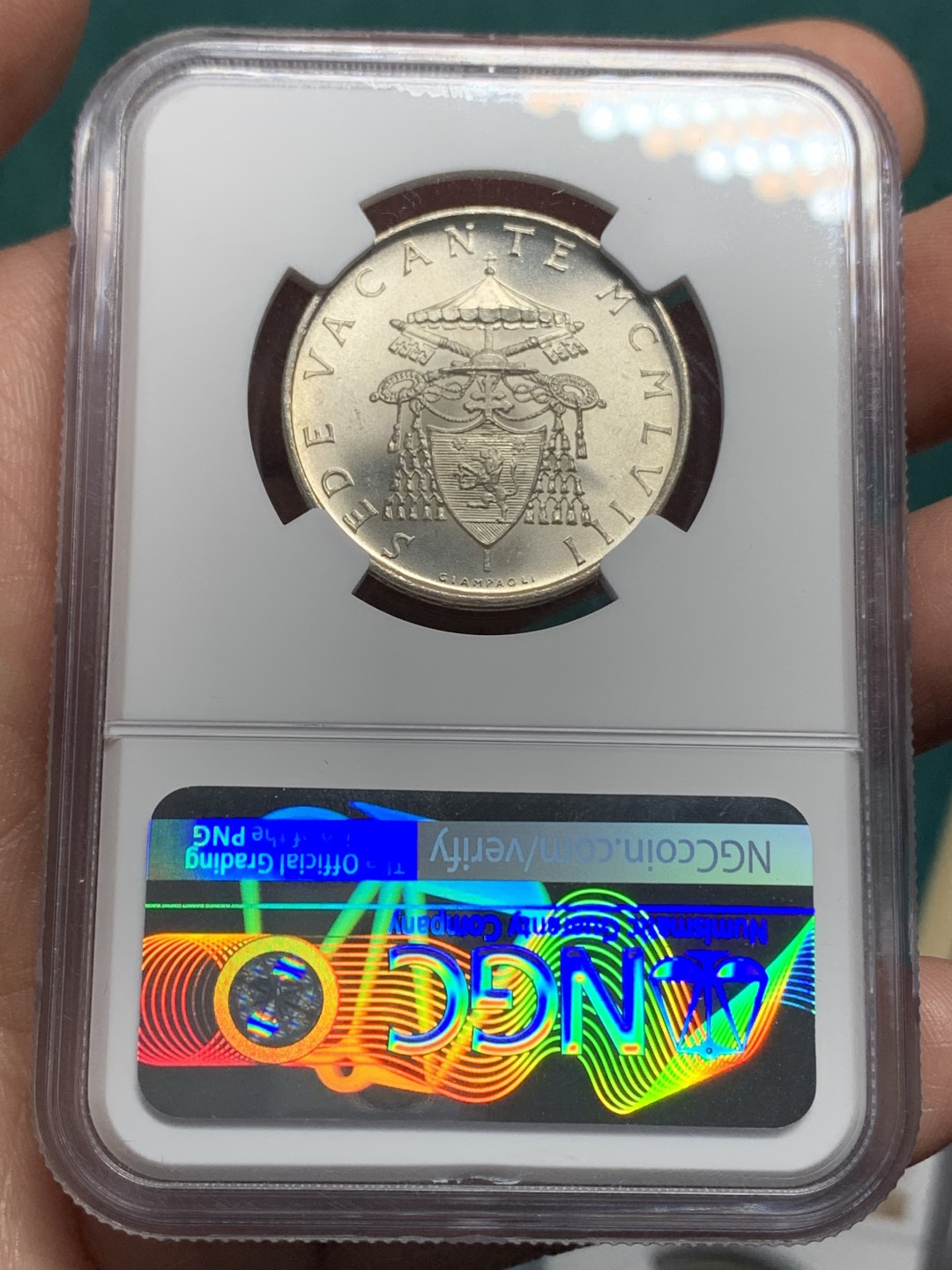 《竞宝斋》第147场-周日，周一 2场 (全场包邮) NGC-MS65 梵蒂冈1958年500里拉宗教缺位银币，高分品种