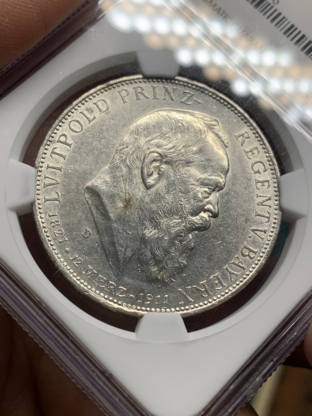 《竞宝斋》第147场-周日，周一 2场 (全场包邮) NGC-MS60 德国 1911年 5马克 银币 巴伐利亚 摄政王90大寿纪念大银币 少见分数