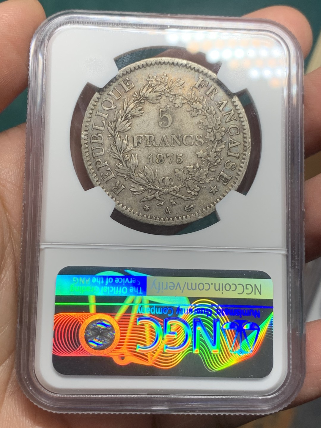 《竞宝斋》第147场-周日，周一 2场 (全场包邮) NGC XF45 法国 1875年小A版 5法郎银币 原味包浆 状态不错