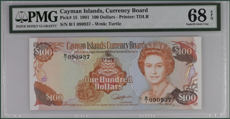 收藏联盟Quantum Auction 第244期拍卖  开曼群岛1991年100元 PMG68 冠军分 该国首次发行花冠版100元  稀少版