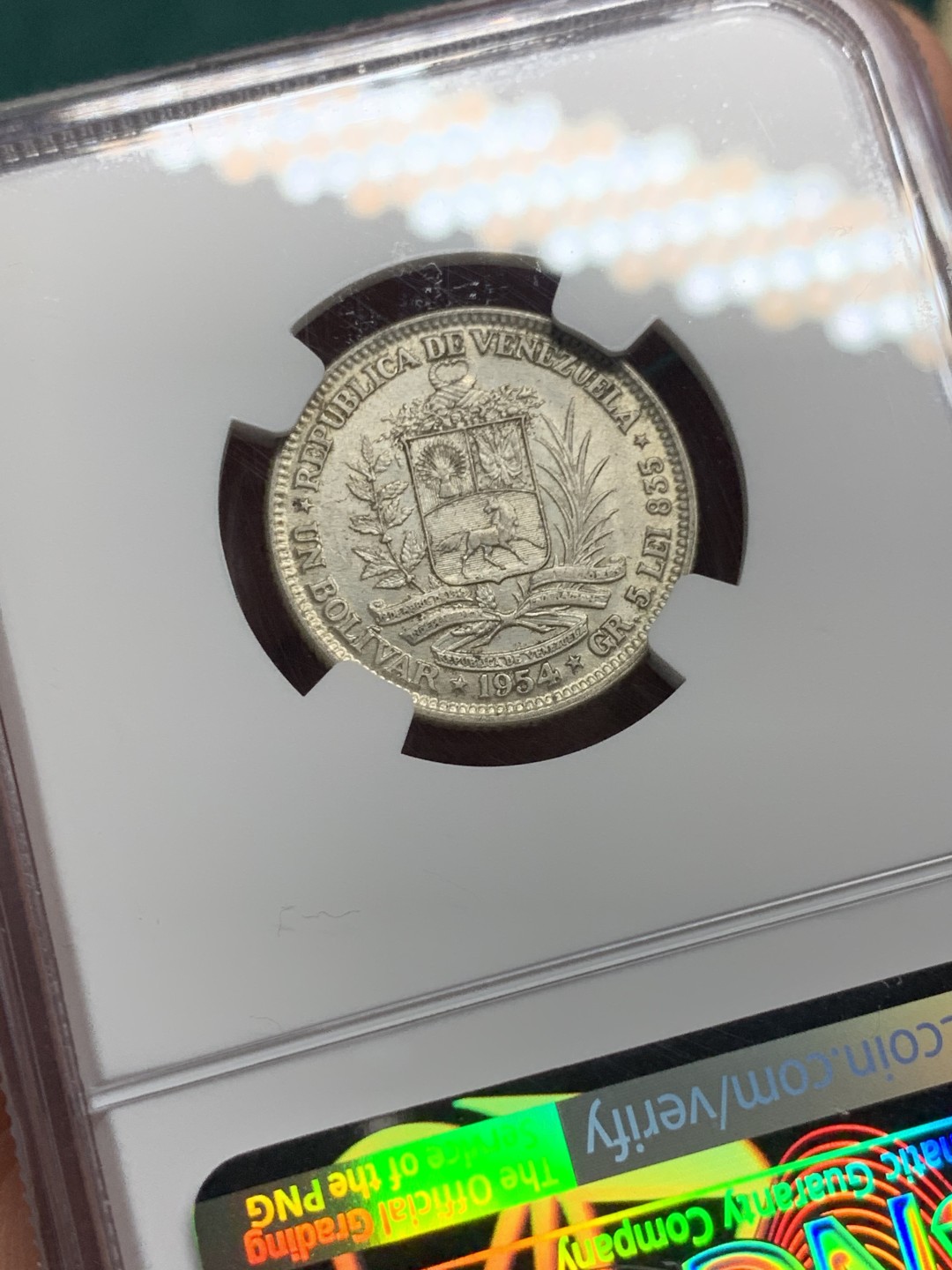 《竞宝斋》第147场-周日，周一 2场 (全场包邮) NGC-MS63 委内瑞拉1954年 1玻利瓦尔银币 原光好品