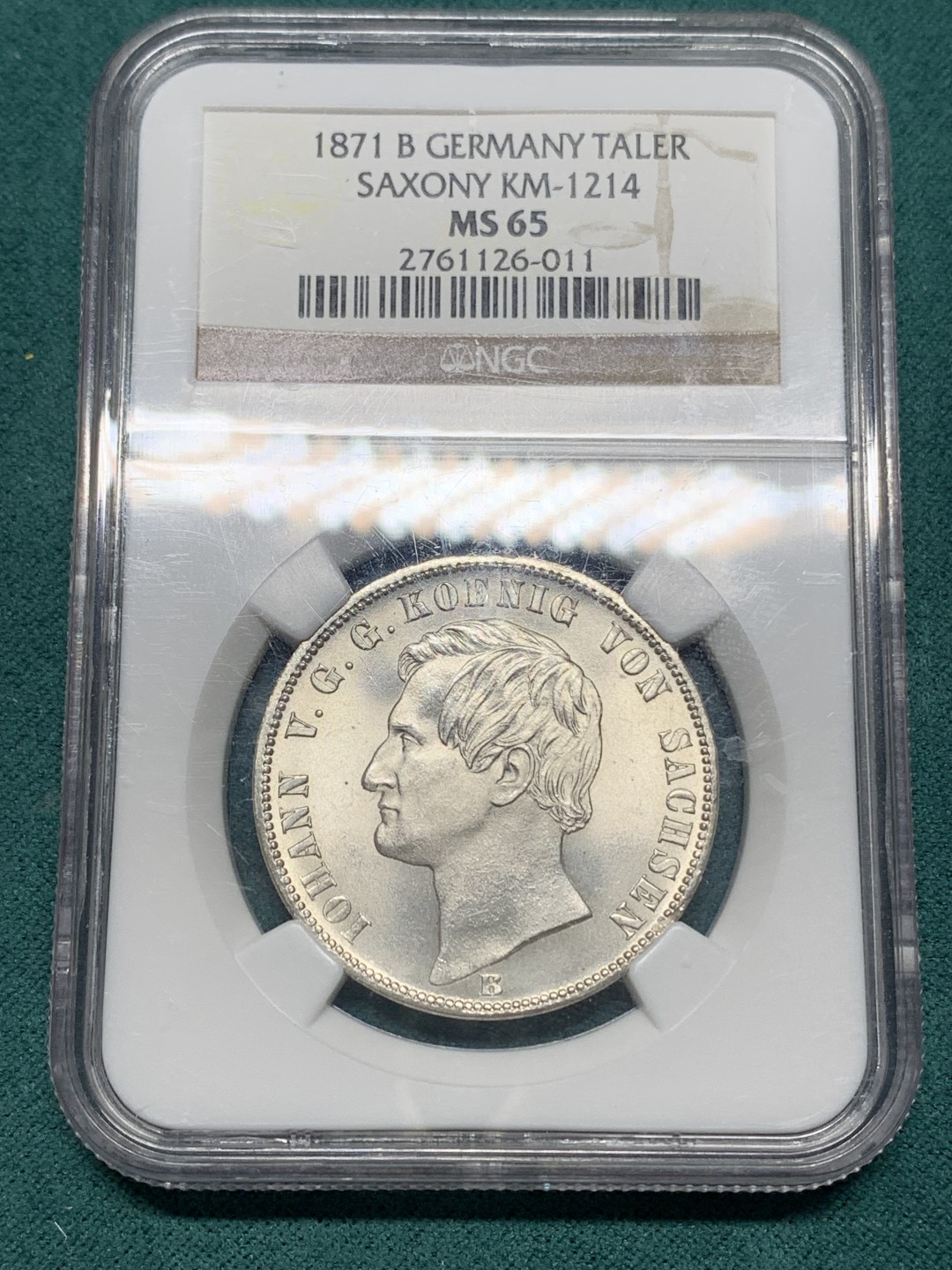 《竞宝斋》第147场-周日，周一 2场 (全场包邮) 高分收藏级！NGC-MS65 德国 1871B 萨克森双狮1泰勒银币 霜光冷峻 细节完美 十字转光 真正GEM级别