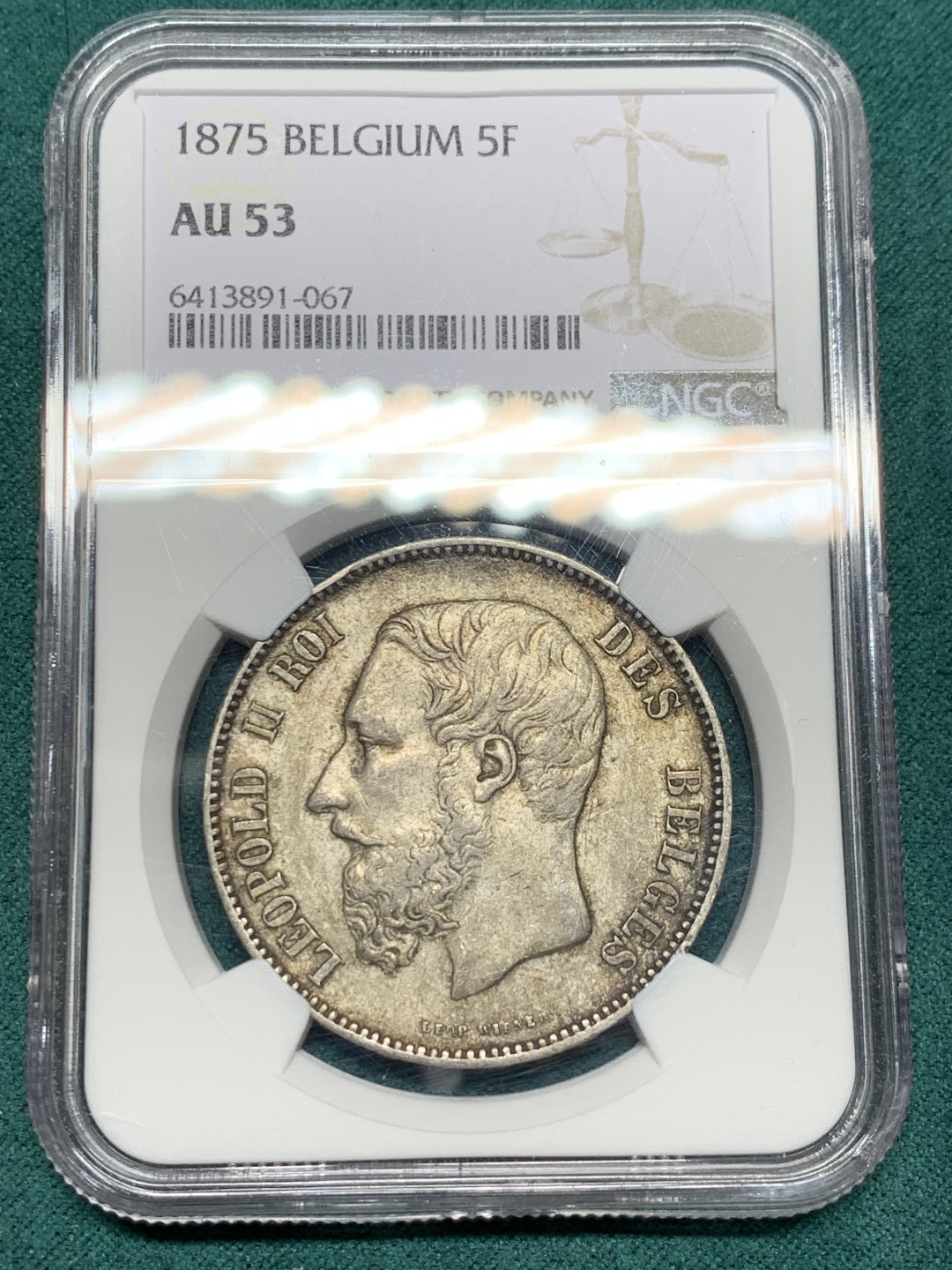 《竞宝斋》第147场-周日，周一 2场 (全场包邮) NGC-AU53 比利时 1875年 利奥波德一世 5法郎大银币 原味好品