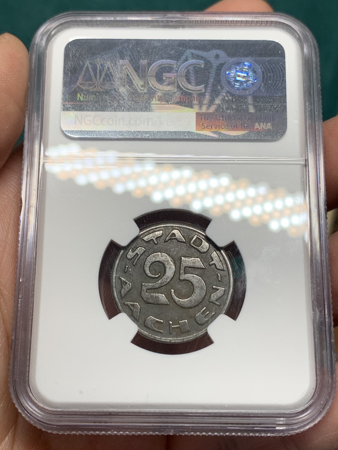 《竞宝斋》第147场-周日，周一 2场 (全场包邮) NGC-AU50 德国 1920年 紧急状态时期亚琛 无心狼  25芬尼 原味老包浆细节很棒 低评状态 稀少品种