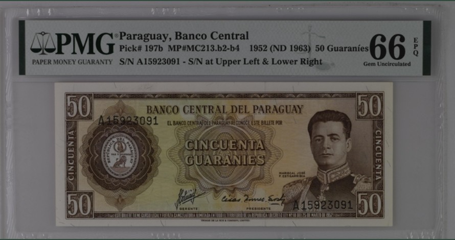 收藏联盟Quantum Auction 第244期拍卖  巴拉圭1952年50圭拉尼 PMG66 首发A