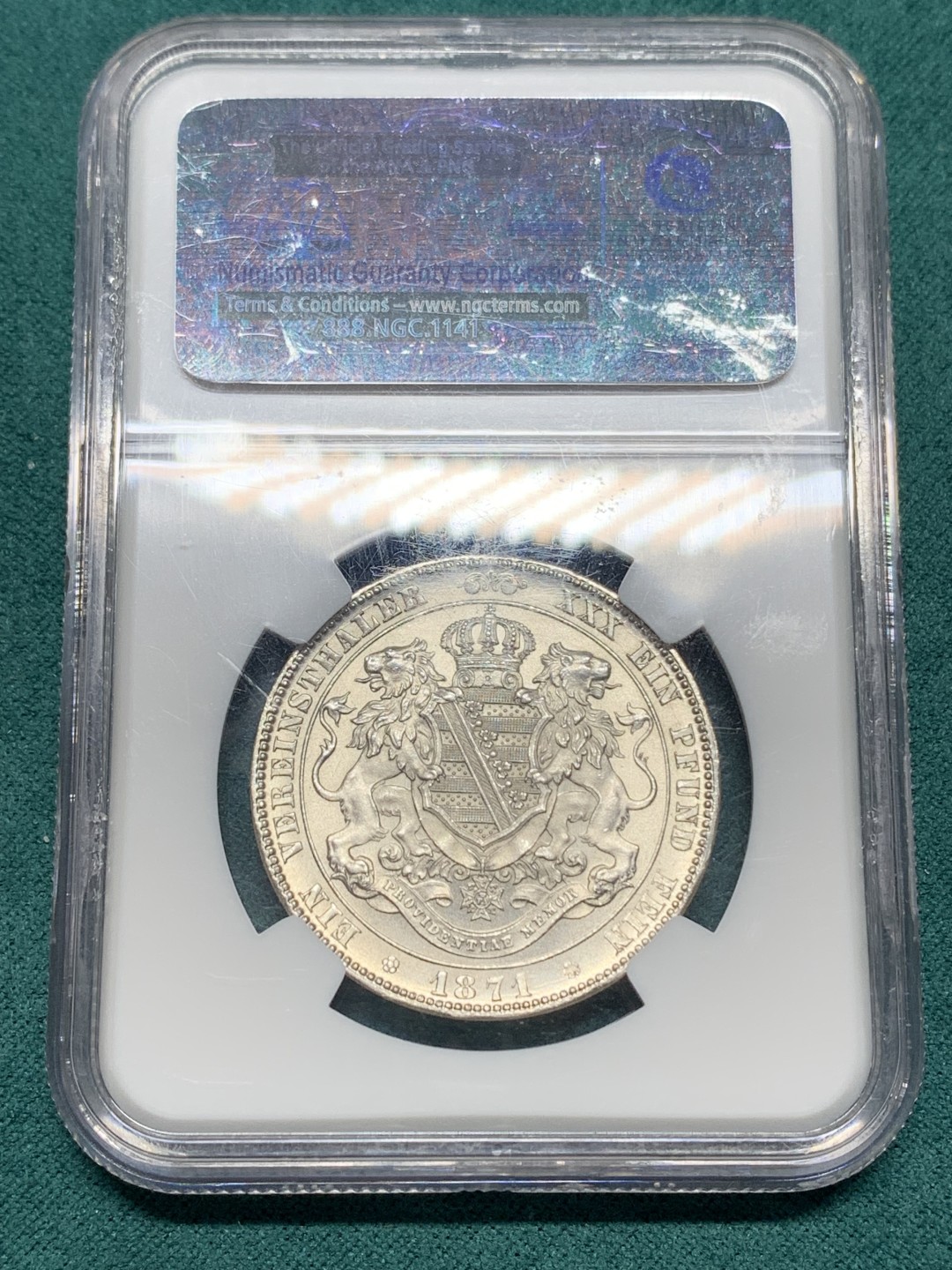 《竞宝斋》第147场-周日，周一 2场 (全场包邮) 高分收藏级！NGC-MS65 德国 1871B 萨克森双狮1泰勒银币 霜光冷峻 细节完美 十字转光 真正GEM级别