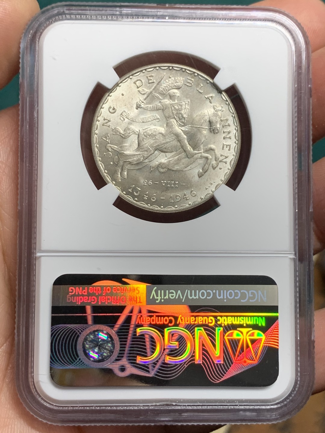 《竞宝斋》第147场-周日，周一 2场 (全场包邮) NGC-UNC 卢森堡1946年 马剑50法郎银币 顶级好品 这个没给分太可惜了