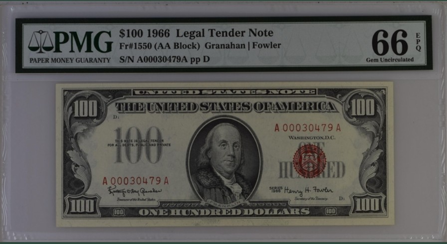 收藏联盟Quantum Auction 第244期拍卖  美国1963年政府券100元 PMG66 AA冠 稀少红库印