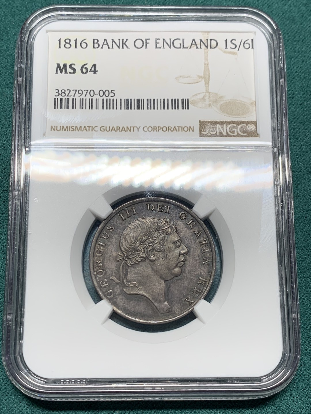 《竞宝斋》第147场-周日，周一 2场 (全场包邮) NGC MS 64 1816年英国英格兰银行代用币乔三1先令6便士（18便士）高分 双面带复古包浆