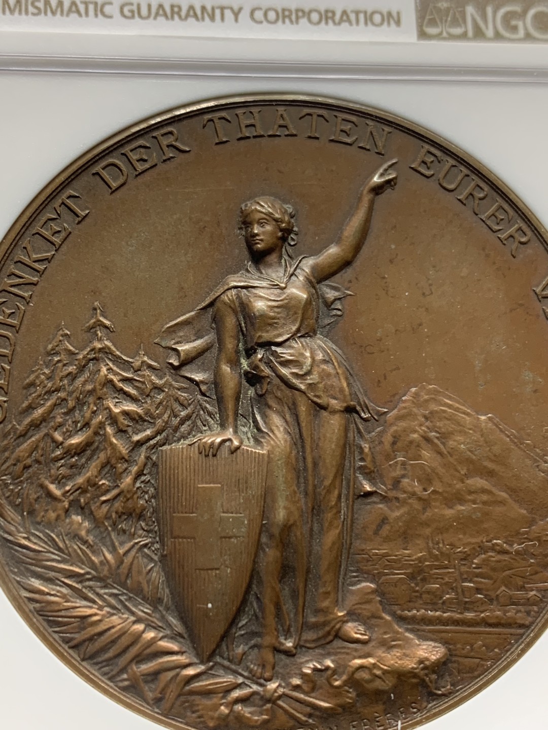 《竞宝斋》第147场-周日，周一 2场 (全场包邮) NGC MS63 1892年 瑞士格拉鲁斯射击节铜章 45mm直径 细节非常好