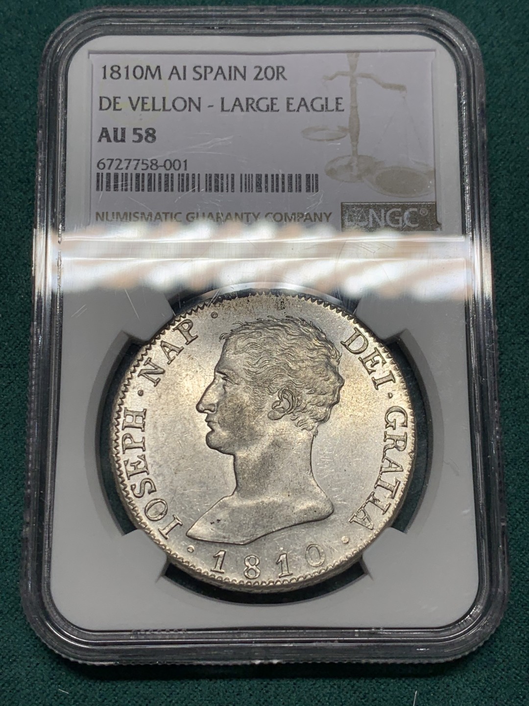 《竞宝斋》第147场-周日，周一 2场 (全场包邮) NGC AU58 1810年 法占西班牙 约瑟夫拿破仑20R银币，细节极佳 发丝清晰 光感十足 低评了