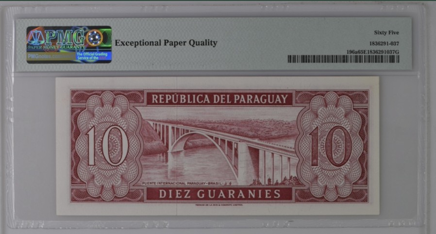 收藏联盟Quantum Auction 第244期拍卖  巴拉圭1952元10圭尼拉 PMG65
