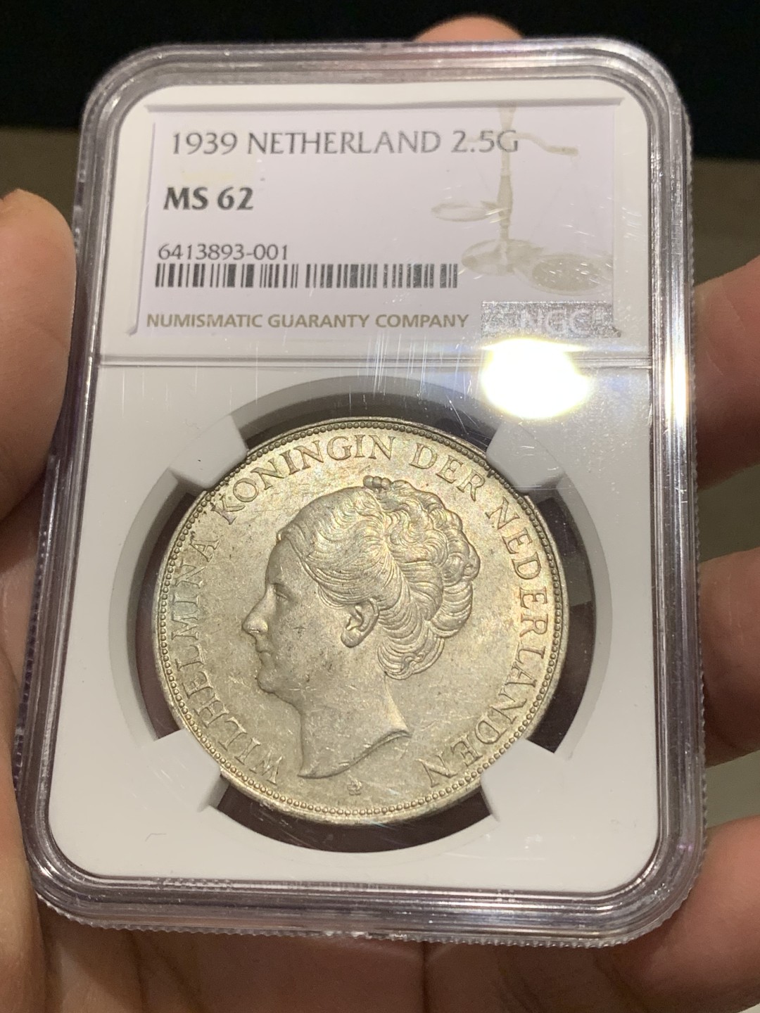 《竞宝斋》第147场-周日，周一 2场 (全场包邮) NGC-MS62 荷兰1939年 威廉米娜2.5盾大银币 原光好品