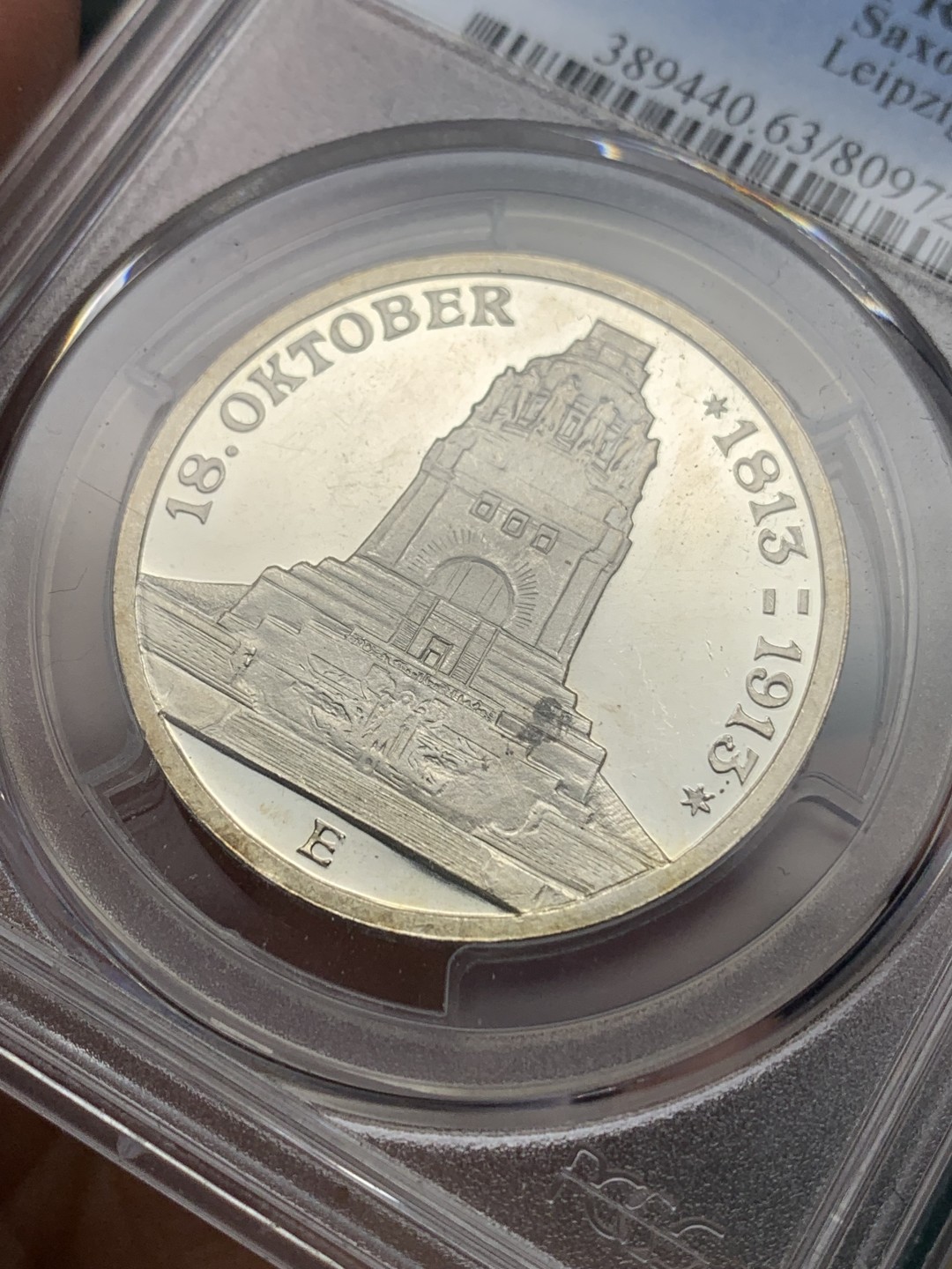 《竞宝斋》第147场-周日，周一 2场 (全场包邮) PCGS-PR63DCAM 德国 1913年 萨克森莱比锡战役纪念碑3马克银币 精制马克少见 镜面效果非常好