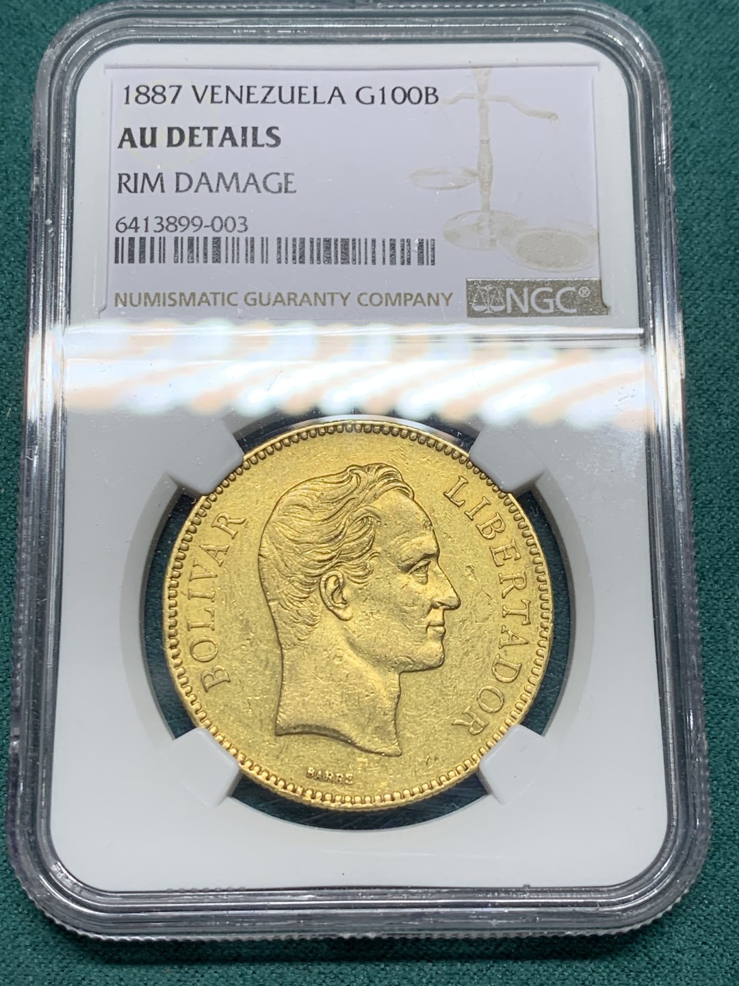 《竞宝斋》第147场-周日，周一 2场 (全场包邮) NGC-AU 委内瑞拉1887年 100玻利瓦尔大金币 南美系早期金币 大多数都已经涨上天了 只有这款算是洼地