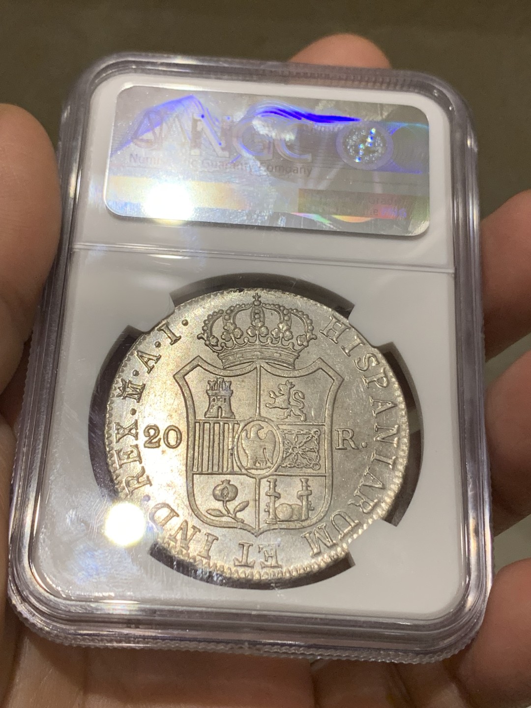 《竞宝斋》第147场-周日，周一 2场 (全场包邮) NGC AU58 1810年 法占西班牙 约瑟夫拿破仑20R银币，细节极佳 发丝清晰 光感十足 低评了
