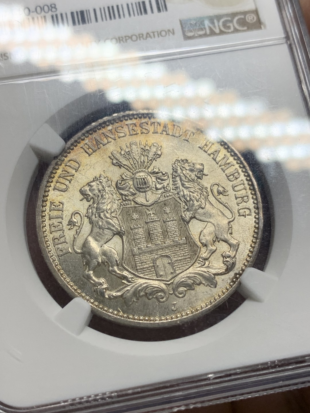 《竞宝斋》第147场-周日，周一 2场 (全场包邮) NGC-MS65 德国 1908年 汉堡3马克银币 顶级高分 转光美丽 一步到位