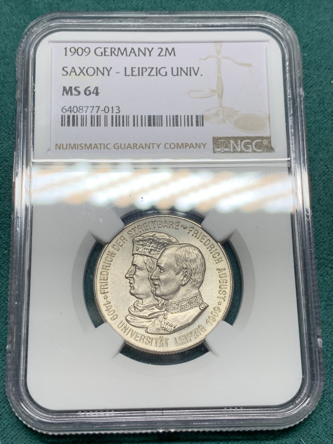 《竞宝斋》第147场-周日，周一 2场 (全场包邮) NGC-MS64 德国1909年 莱比锡大学2马克银币 顶级好品