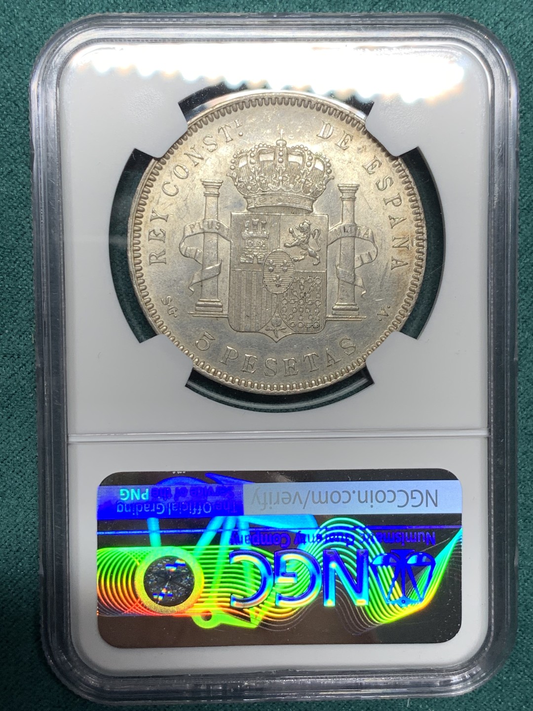 《竞宝斋》第147场-周日，周一 2场 (全场包邮) NGC-MS61 西班牙1899年 阿方索十三世5比塞塔 双柱大银币 原光带彩