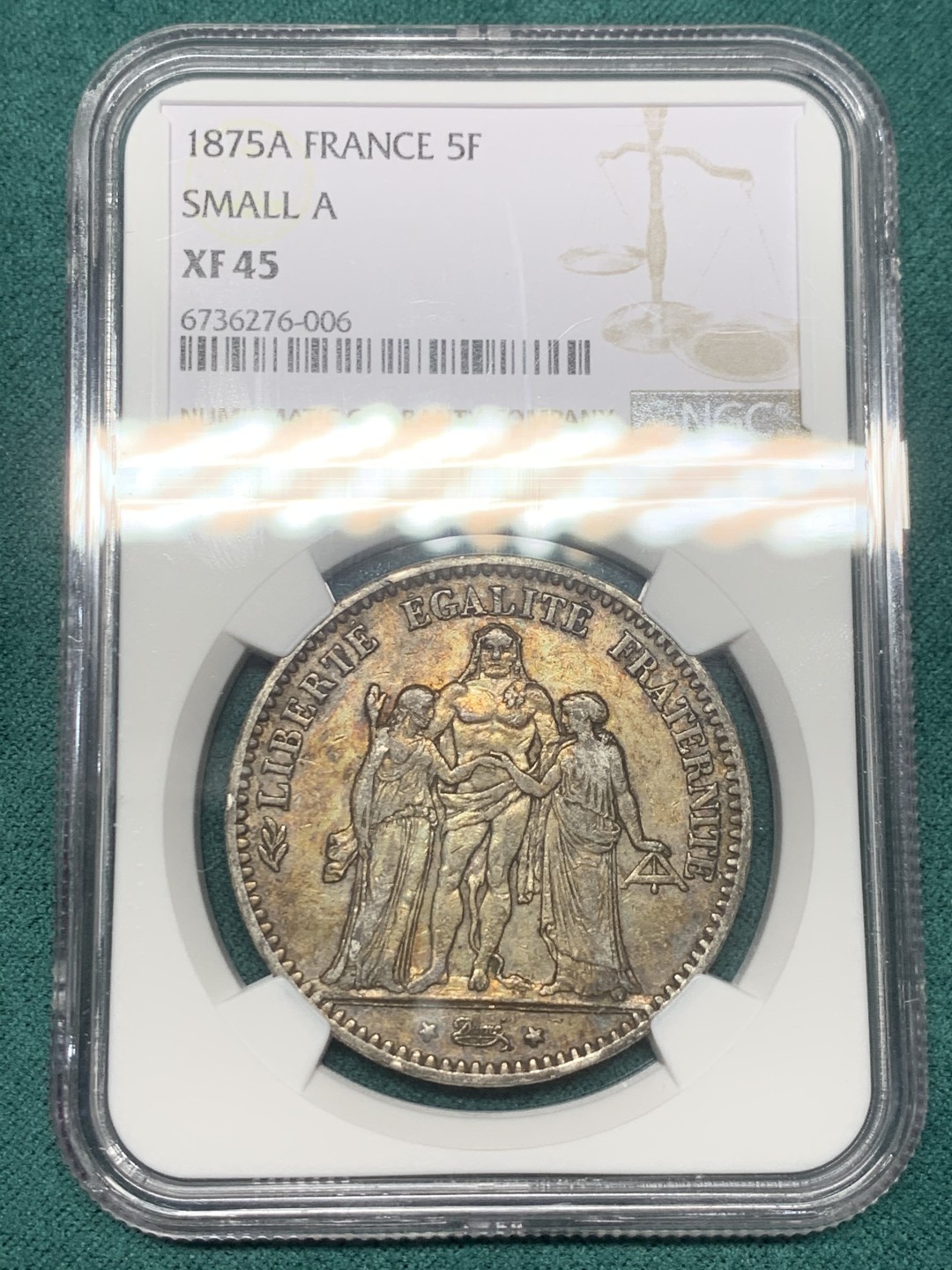 《竞宝斋》第147场-周日，周一 2场 (全场包邮) NGC XF45 法国 1875年小A版 5法郎银币 原味包浆 状态不错