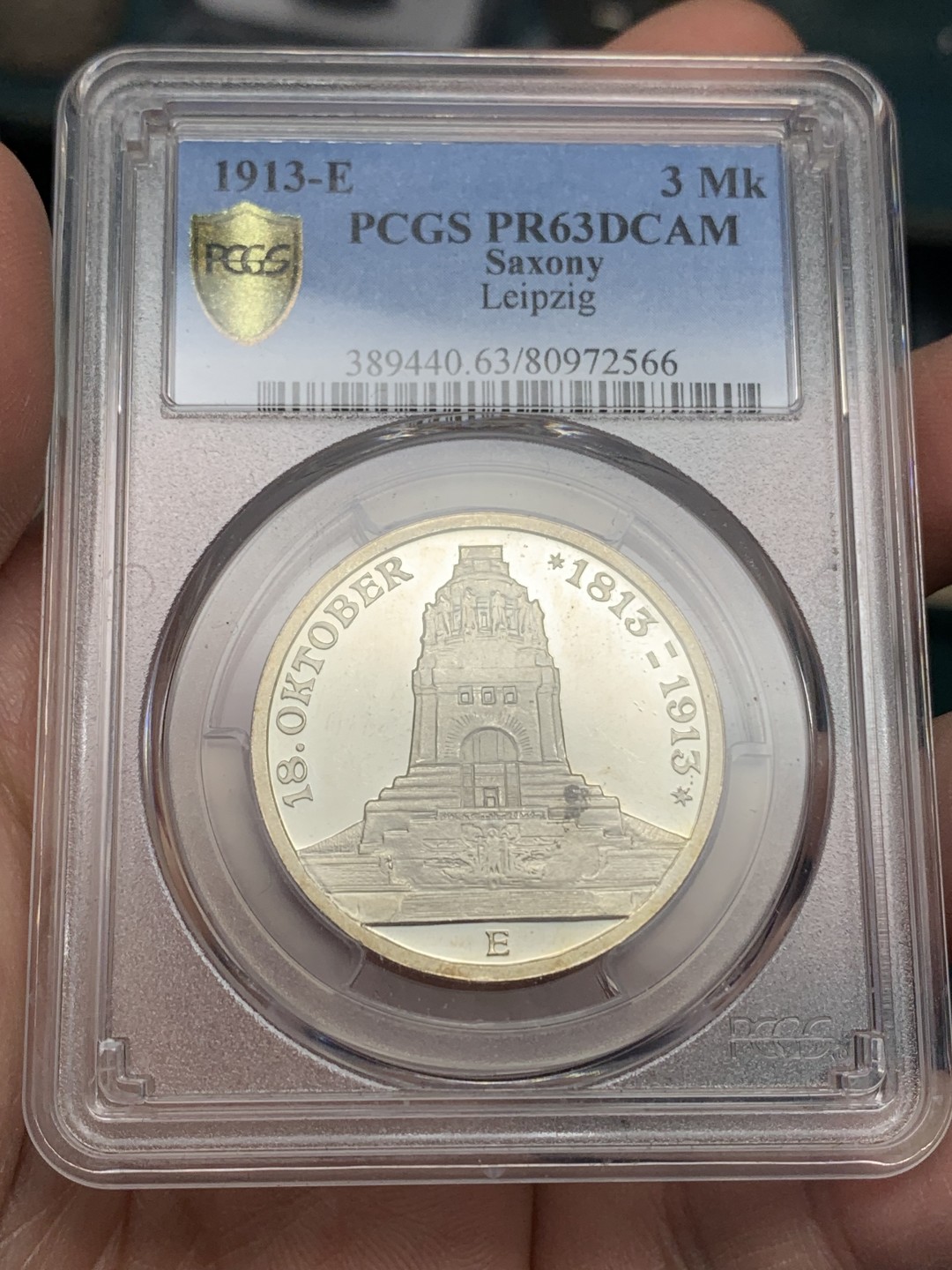 《竞宝斋》第147场-周日，周一 2场 (全场包邮) PCGS-PR63DCAM 德国 1913年 萨克森莱比锡战役纪念碑3马克银币 精制马克少见 镜面效果非常好