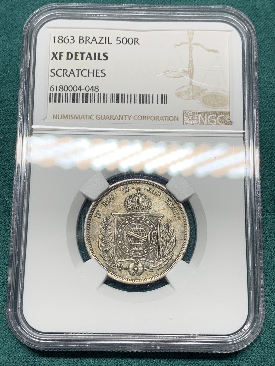 《竞宝斋》第147场-周日，周一 2场 (全场包邮) NGC-XFD 1863巴西500里亚尔银币，小叶版