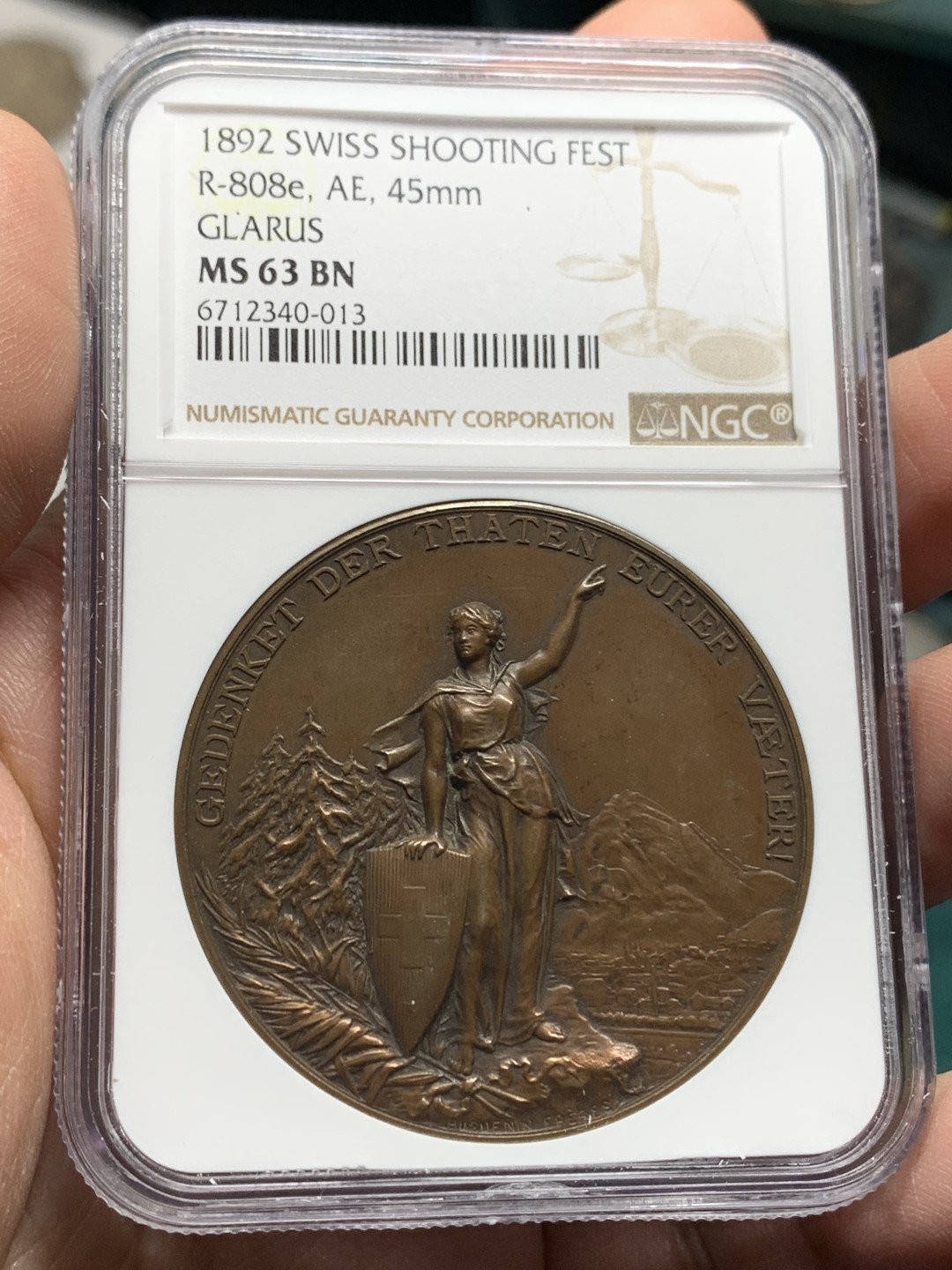 《竞宝斋》第147场-周日，周一 2场 (全场包邮) NGC MS63 1892年 瑞士格拉鲁斯射击节铜章 45mm直径 细节非常好