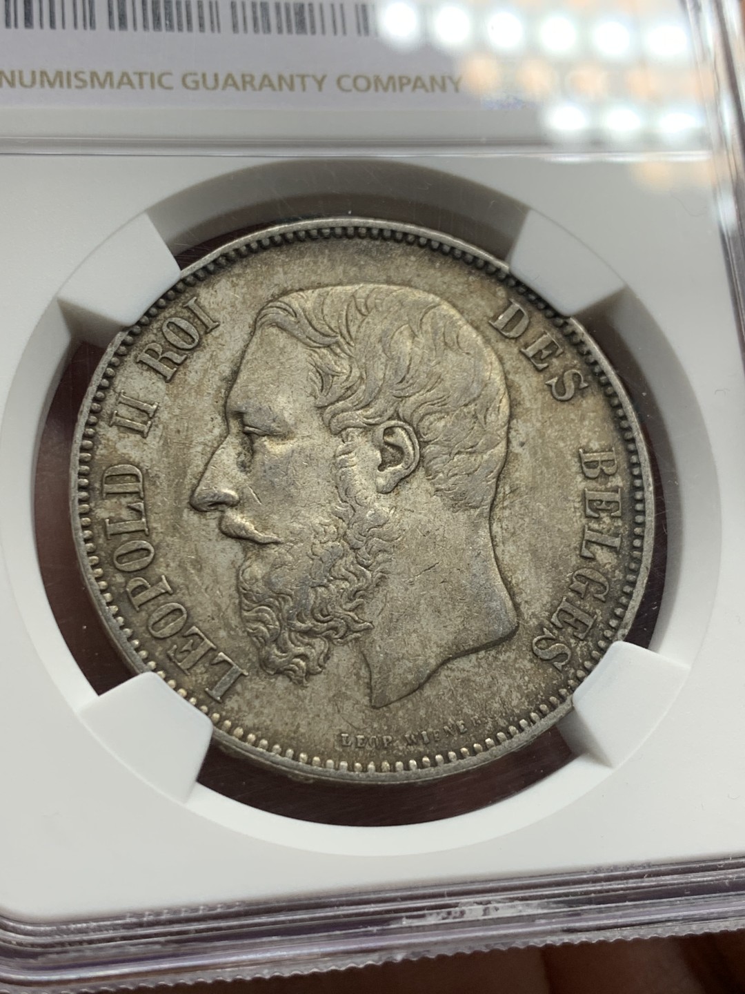 《竞宝斋》第147场-周日，周一 2场 (全场包邮) NGC-AU53 比利时 1875年 利奥波德一世 5法郎大银币 原味好品