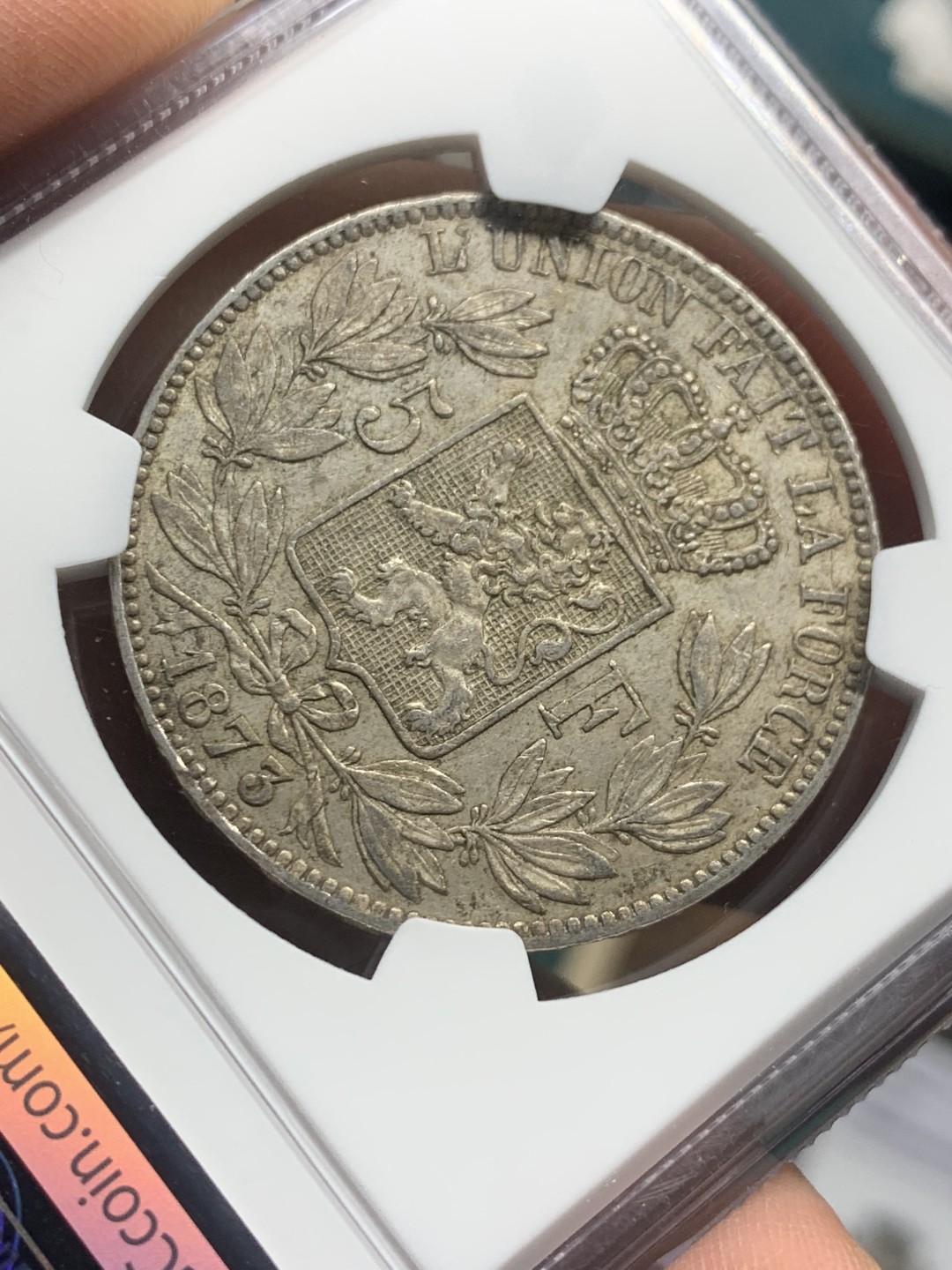 《竞宝斋》第147场-周日，周一 2场 (全场包邮) NGC AUD 比利时 1873年 利奥波德二世 5法郎银币 原味包浆 没有清洗痕迹