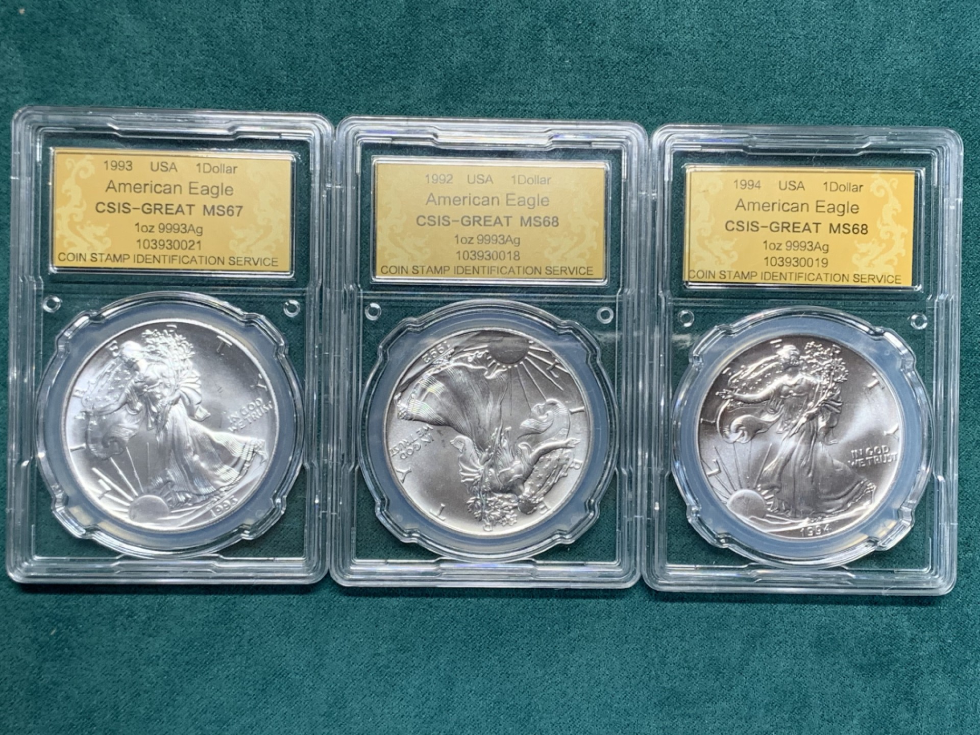 《竞宝斋》第147场-周日，周一 2场 (全场包邮) 信泰MS68，67，68，1992/93/94年美国行走女神一盎司银币共三枚 3盎司银币 93.3克 999银